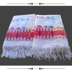 Karbi Seleng (Sator) handwoven white dhoti with decorative border