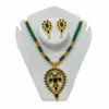 Handcrafted Assamese Sen Dugdugi Necklace Set with Earrings, Heart Pendant, AD Stone, Green Beads, Golden Tone Copper Base