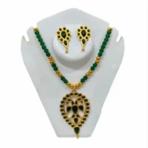 Handcrafted Assamese Sen Dugdugi Necklace Set with Earrings, Heart Pendant, AD Stone, Green Beads, Golden Tone Copper Base